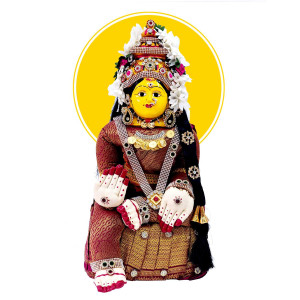 Traditional Ammavari Pratima with Fabric Saree & Stone Jewelry – Festive Pooja Idol