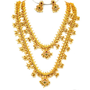 Lakshmi Double Layer Butta Pusala Necklace Set – Ruby & Emerald Highlights