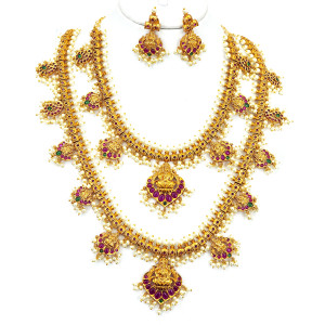 Lakshmi Butta Pusalu Double Layer Temple Necklace Set – Ruby & Pearl Drops