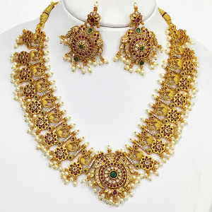 Lakshmi Butta Pusalu Necklace Set with Green & Ruby Highlights
