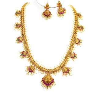 Antique Lakshmi Butta Pusalu Long Necklace Set – Ruby Green Pearl Design