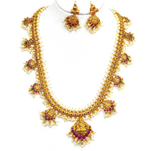 Lakshmi Temple Butta Pusalu Necklace Set – Ruby, Green & Pearl Work