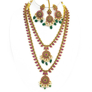 Grand Bridal Temple Necklace Set – Ruby & Emerald Drops