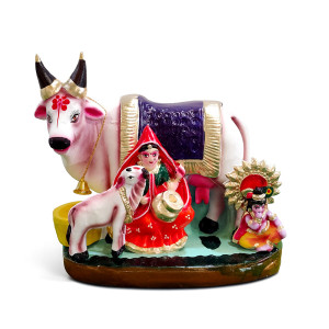 Hand-painted Kamadhenu Cow with Krishna & Gopal Figurine