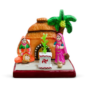 Hand-painted Tulsi Vivah Figurine – Village Home Scene