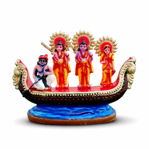 Hand-painted Seetha Ram Parivar on Boat Figurine – Ram, Sita, Lakshman & Guha