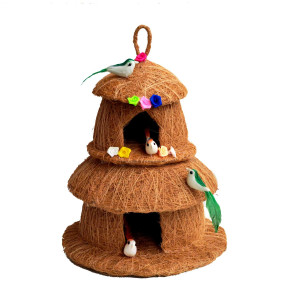 Coconut Coir Two-Storey Decorative Hut with Birds