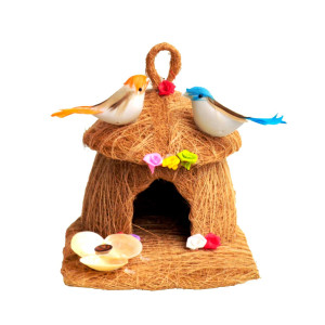 Coconut Coir Hut-Shaped Bird Nest with Two Birds