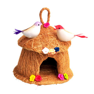 Coconut Coir Hut-Shaped Bird Nest with Two Birds