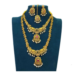 Gold-Plated Lakshmi Peacock Design Long & Short Haram Combo Set
