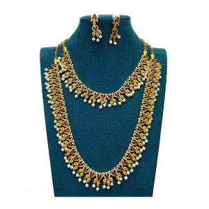 Antique Matte Finish Dual Layer Necklace Set with Red Stones & Pearl Drops – Traditional Bridal Style