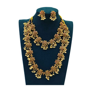 Traditional Gold-Plated Floral Long Necklace & Short Haram Combo Set
