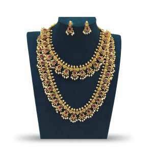 Traditional Dual Layer Temple Necklace Set with Earrings