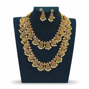 Traditional Double Layer Temple Haram Necklace Set with Earrings