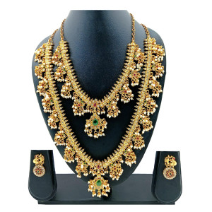 Bridal Gold Plated Double Layer Kundan Necklace Set with Pearl Drops – Green & Red Stone Design