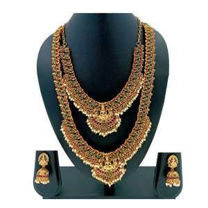 Traditional Lakshmi Long Haram Set with Kemp Stones & Pearl Drops