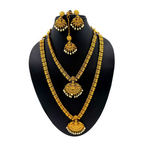 Traditional Gold-Plated Temple Jewellery Set with Jhumkas