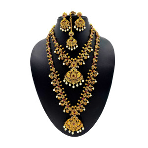 Antique Gold-Plated Bridal Temple Jewellery Set with Ruby Stones