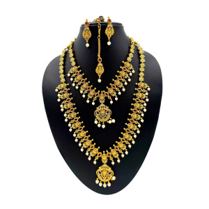 Elegant Antique Gold Imitation Jewellery Set with Red Stones & Pearls