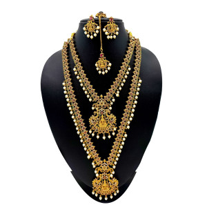 Bridal Lakshmi Temple Jewellery Set with Red Stones & Pearl Drops