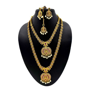 Elegant Ruby-Green Bridal Necklace Set with Pearl Drops