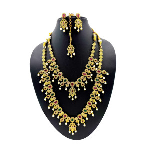 Antique Gold Plated Temple Necklace Set with Ruby & Emerald Stones