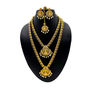 Traditional Matte Gold Temple Necklace Set with Lakshmi Motif and Pearl Drops