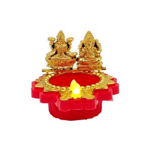 Decorative Water Diya with Lakshmi & Ganesha Idols – Red & Golden