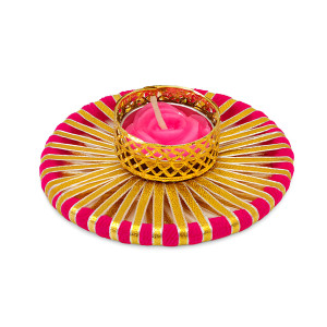 Decorative Round Tealight Holder with Pink Rose Candle – Golden & Pink