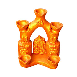 Terracotta Five-Diya Lakshmi Ganesha Stand – Handcrafted