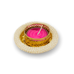 Pearl-Decorated Golden Tealight Candle Holder with Pink Rose Candle