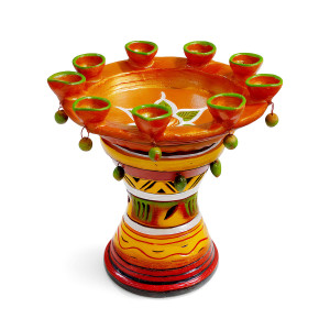 Hand-painted Clay Pedestal Diya Stand – 8 Wick Holder