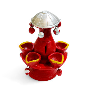 Hand-painted Clay Diya Stand with Canopy – 5 Wick Holder