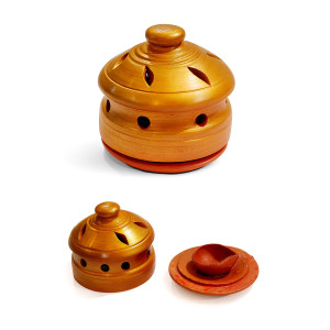 Handcrafted Clay Covered Diya Lamp Holder – Golden Finish