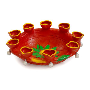 Hand-painted Decorative Clay Diya Plate – 8 Wick Holder