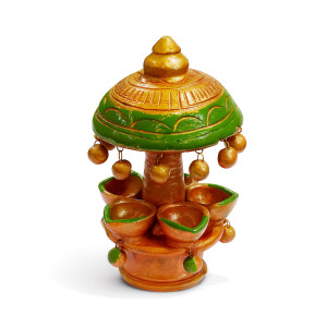 Hand-painted Clay Diya Stand with Canopy – 5 Wick Holder