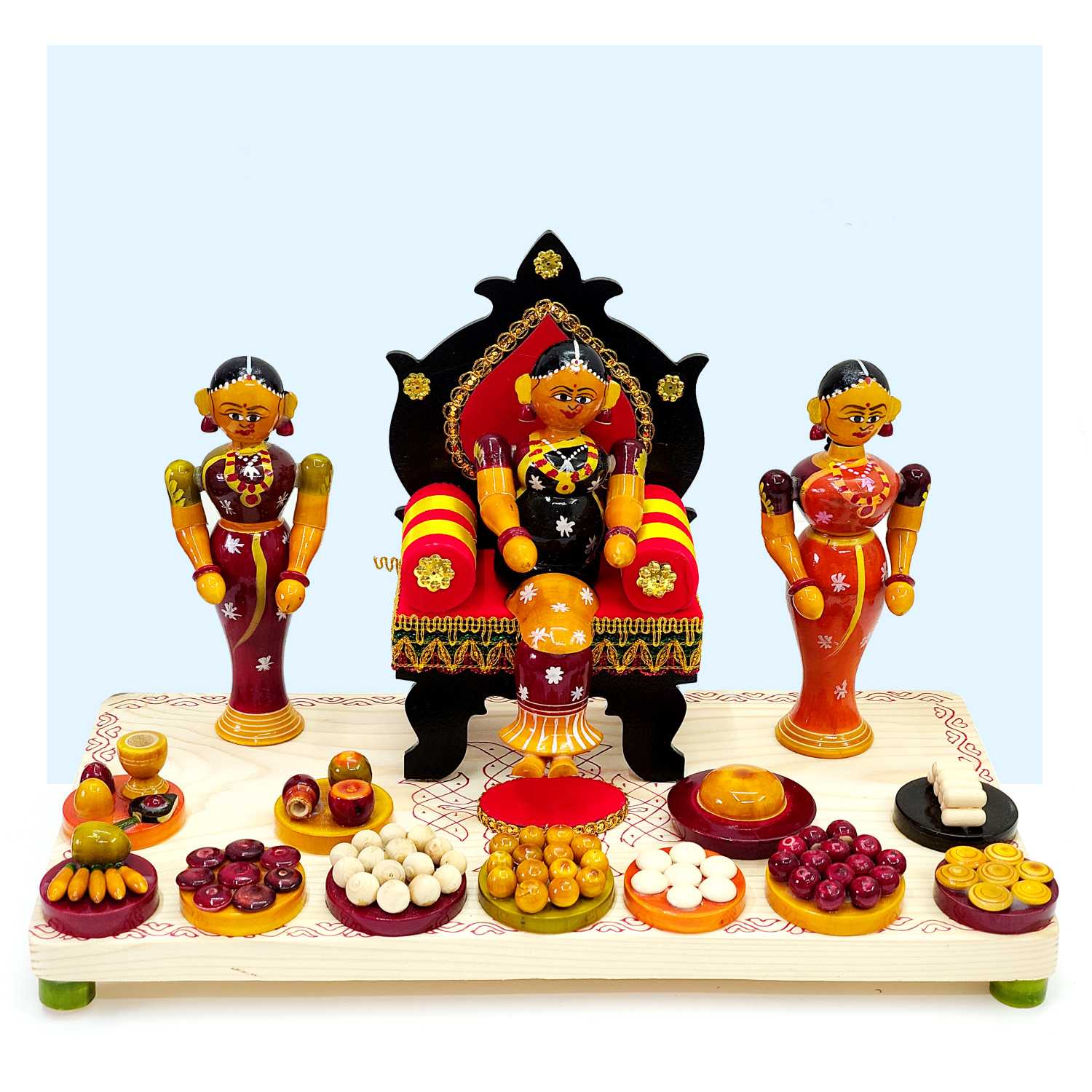 Etikoppaka Royal Lady Durbar Set – Wooden Golu Display with Food Offerings