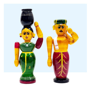 Etikoppaka Rural Couple Set – Village Woman with Pot & Farmer Figure