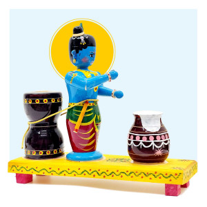 Etikoppaka Krishna Butter Thief Set – Handcrafted Wooden Figurine Display