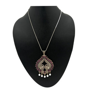 Artificial Gold Plated Peacock Pendant Necklace with Ruby Stones and Pearl Drops