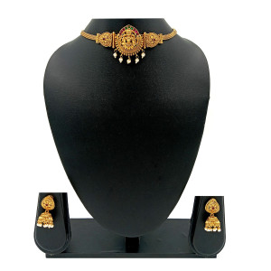 Temple Choker Necklace Set with Goddess Lakshmi Motif and Jhumka Earrings