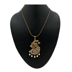 Artificial Gold Plated Single Peacock Pendant Necklace with White Stone Embellishments and Pearl Drops