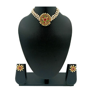 Antique Gold-Plated Temple Choker Set with Goddess Lakshmi Motif & Jhumka Earrings