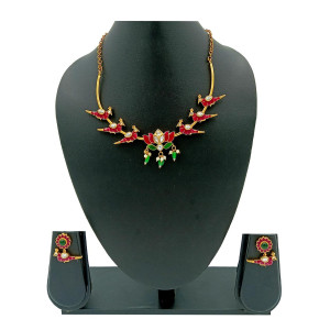 Red & Green Enamel Designer Lotus Necklace Set