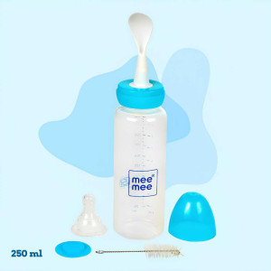 Mee Mee All-in-One Feeding Bottle with Spoon, Nipple & Cleaning Brush – 250ml (Blue)