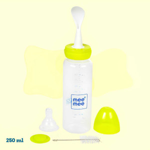 Mee Mee All-in-One Feeding Bottle with Spoon, Nipple & Brush – 250ml (Yellow)