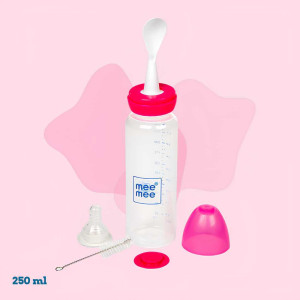 Mee Mee All-in-One Feeding Bottle with Spoon, Nipple & Brush – 250ml (Pink)