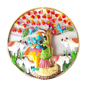 Handcrafted Iron Radha Krishna Wall Hanging – Divine Décor with Tree & Cows