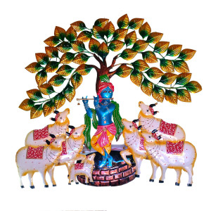 Handcrafted Iron Krishna Wall Hanging – Divine Decor with Tree & Cows