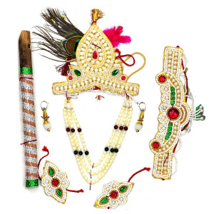 Traditional Krishna Dress & Jewelry Set with Flute – Pearl Work and Feather Crown